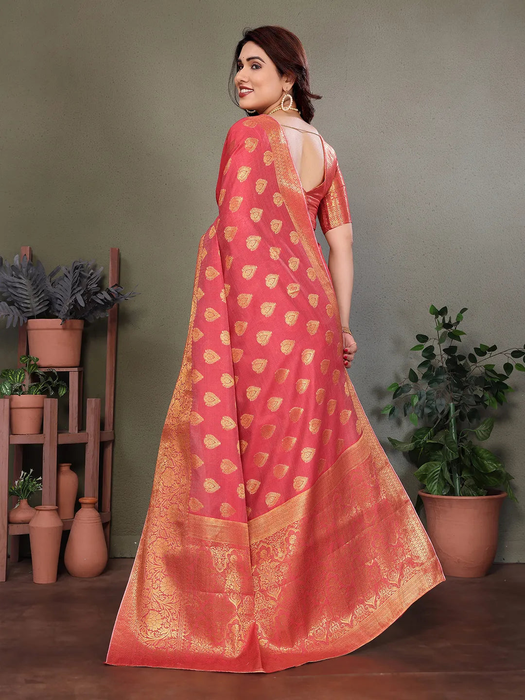 Rose Pink Banarasi Silk Saree with Antique Gold Zari Butta & Rich Floral Woven Border