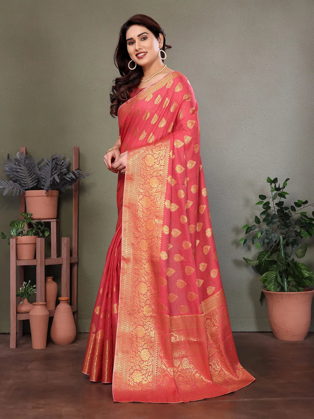 Rose Pink Banarasi Silk Saree with Antique Gold Zari Butta & Rich Floral Woven Border