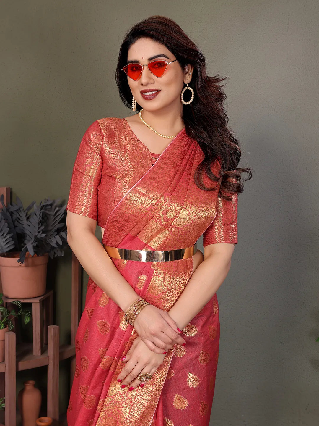 Rose Pink Banarasi Silk Saree with Antique Gold Zari Butta & Rich Floral Woven Border