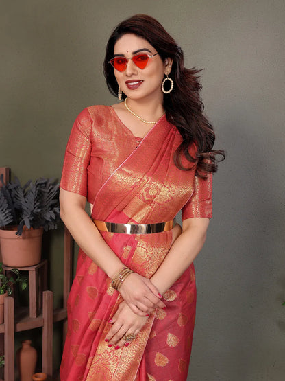 Rose Pink Banarasi Silk Saree with Antique Gold Zari Butta & Rich Floral Woven Border