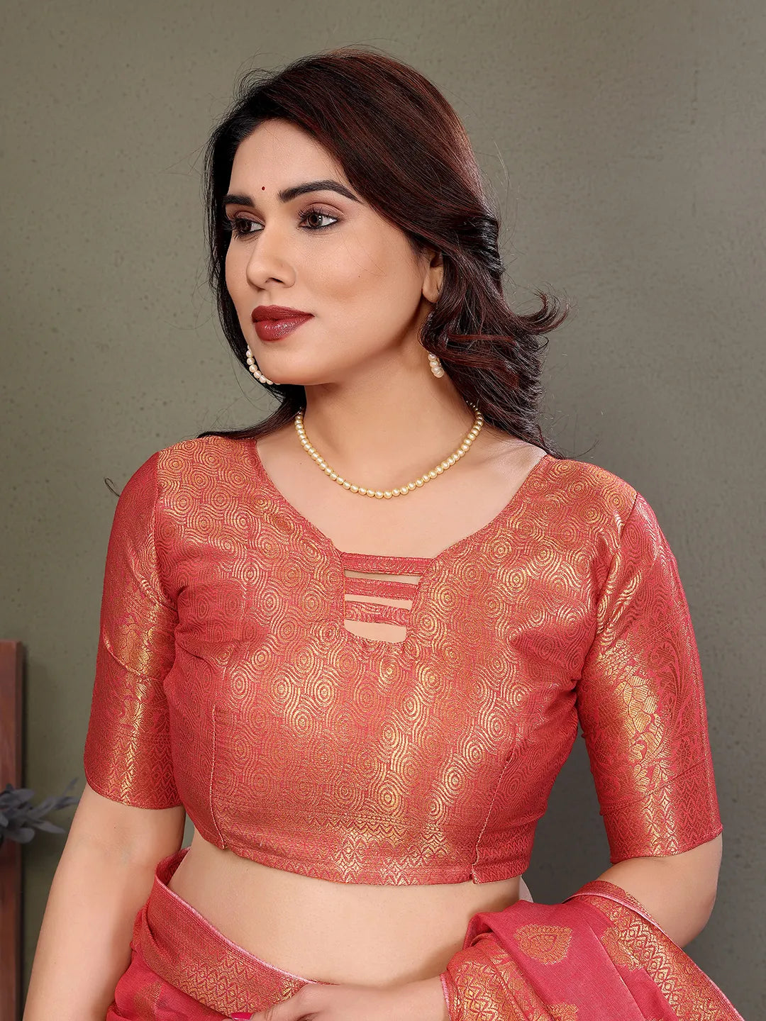 Rose Pink Banarasi Silk Saree with Antique Gold Zari Butta & Rich Floral Woven Border