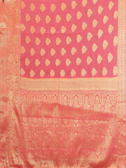 Rose Pink Banarasi Silk Saree with Antique Gold Zari Butta & Rich Floral Woven Border