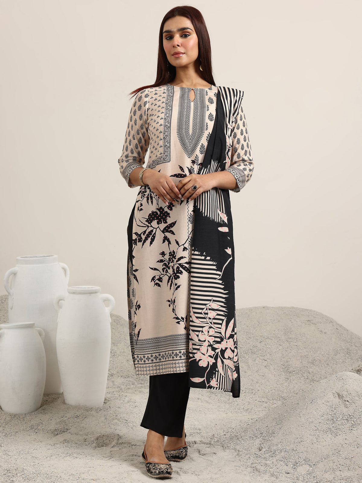 Off White Floral Silk Blend Kurta Set with Dupatta