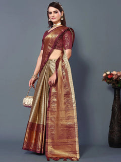 Imperial Heritage Silk Saree in Chiku Gold with Maroon Zari Border