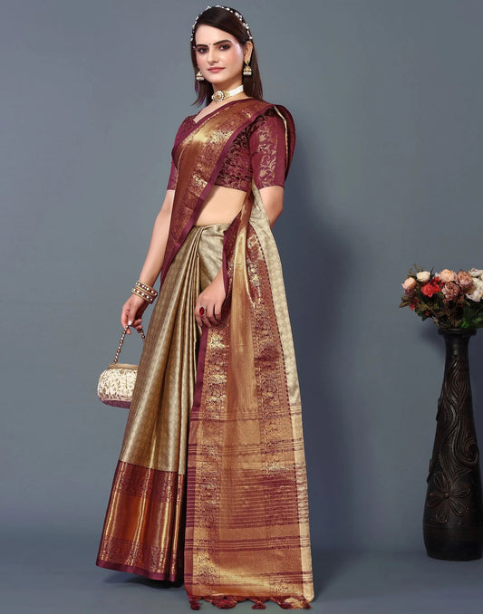 Imperial Heritage Silk Saree in Chiku Gold with Maroon Zari Border
