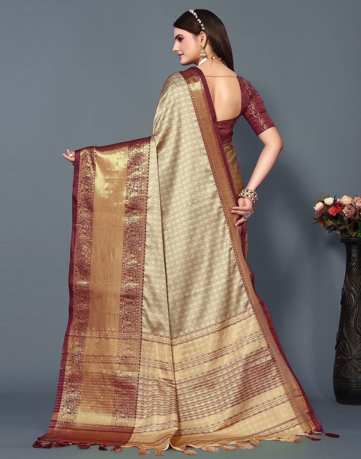 Imperial Heritage Silk Saree in Chiku Gold with Maroon Zari Border