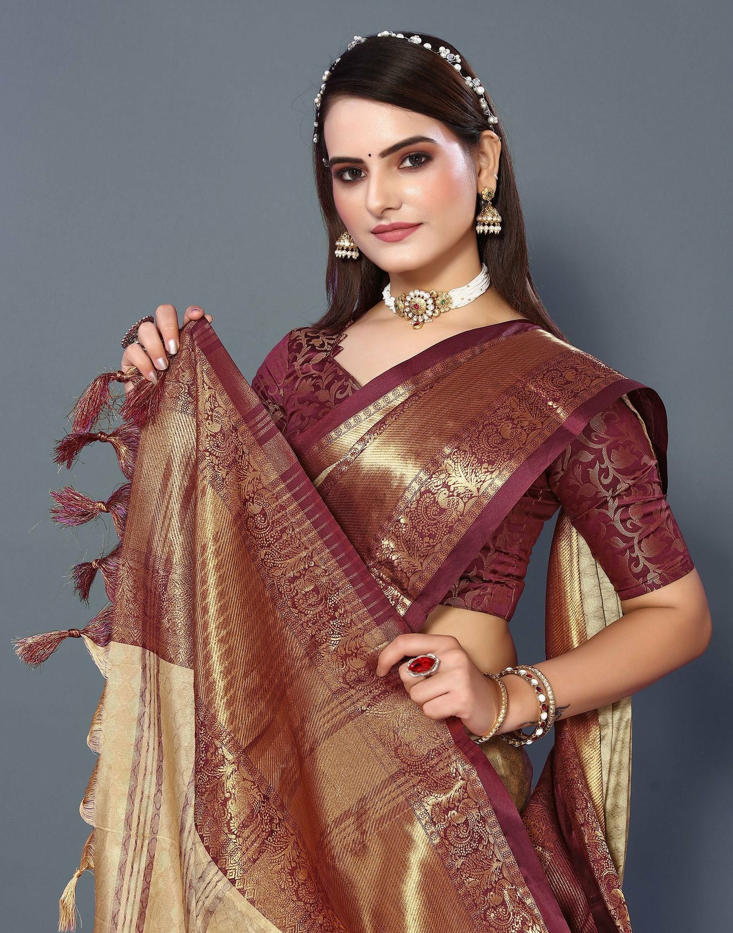 Imperial Heritage Silk Saree in Chiku Gold with Maroon Zari Border