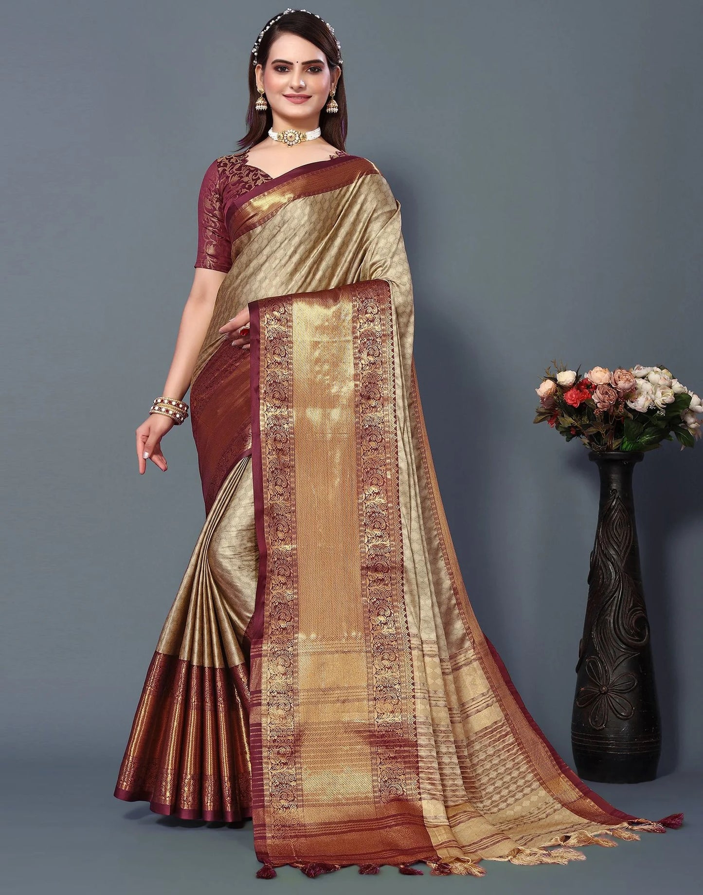 Imperial Heritage Silk Saree in Chiku Gold with Maroon Zari Border