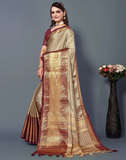 Imperial Heritage Silk Saree in Chiku Gold with Maroon Zari Border