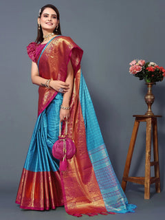 Azure Heritage Silk Saree with Kumkum Pink Zari Border