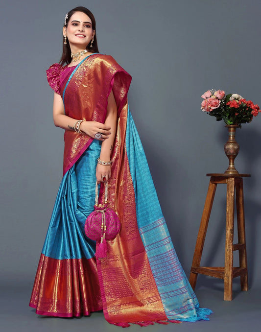Azure Heritage Silk Saree with Kumkum Pink Zari Border