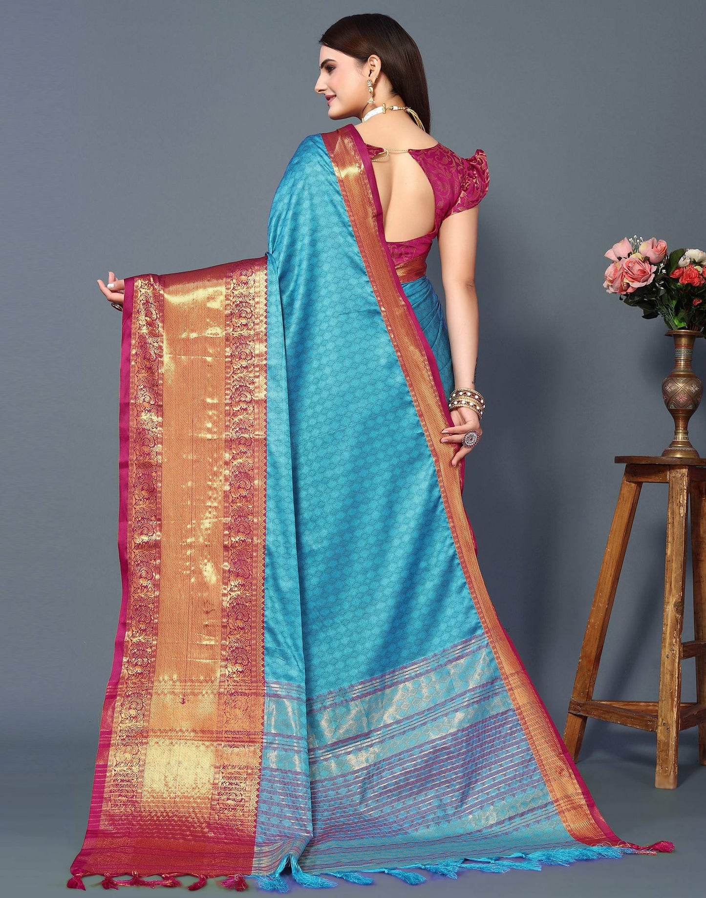 Azure Heritage Silk Saree with Kumkum Pink Zari Border