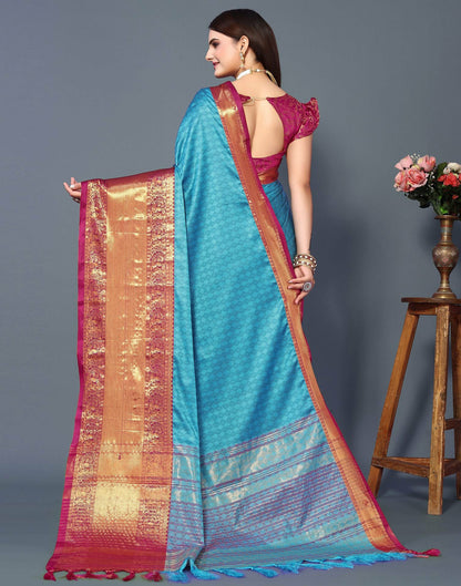 Azure Heritage Silk Saree with Kumkum Pink Zari Border