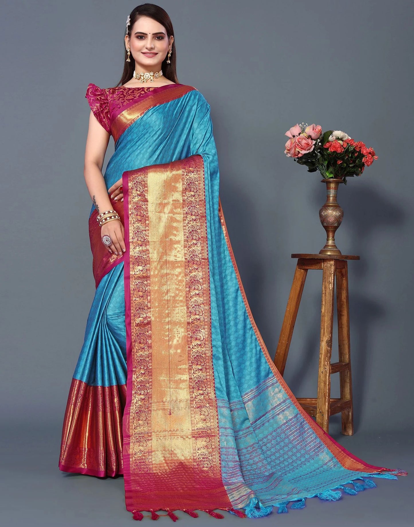 Azure Heritage Silk Saree with Kumkum Pink Zari Border