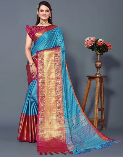 Azure Heritage Silk Saree with Kumkum Pink Zari Border