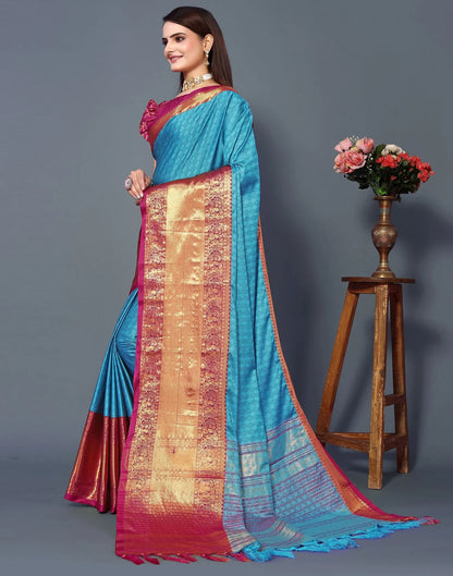 Azure Heritage Silk Saree with Kumkum Pink Zari Border