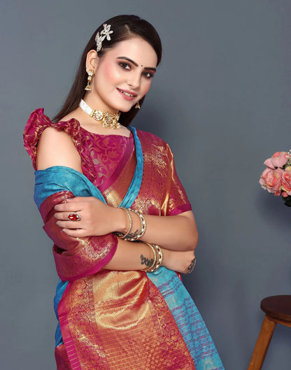 Azure Heritage Silk Saree with Kumkum Pink Zari Border