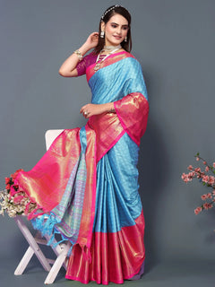 Sky Royale Silk Saree with Rani Pink Heritage Zari Border