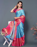 Sky Royale Silk Saree with Rani Pink Heritage Zari Border