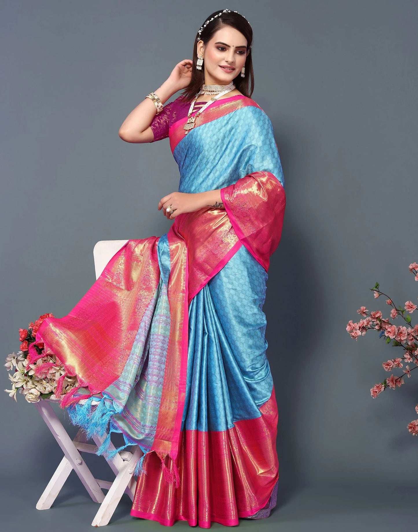 Sky Royale Silk Saree with Rani Pink Heritage Zari Border