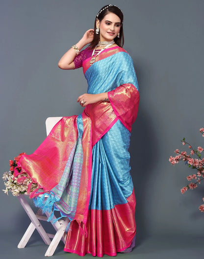 Sky Royale Silk Saree with Rani Pink Heritage Zari Border