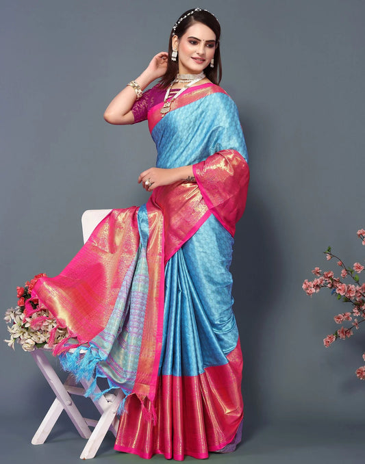 Sky Royale Silk Saree with Rani Pink Heritage Zari Border
