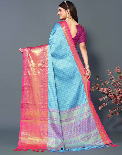 Sky Royale Silk Saree with Rani Pink Heritage Zari Border