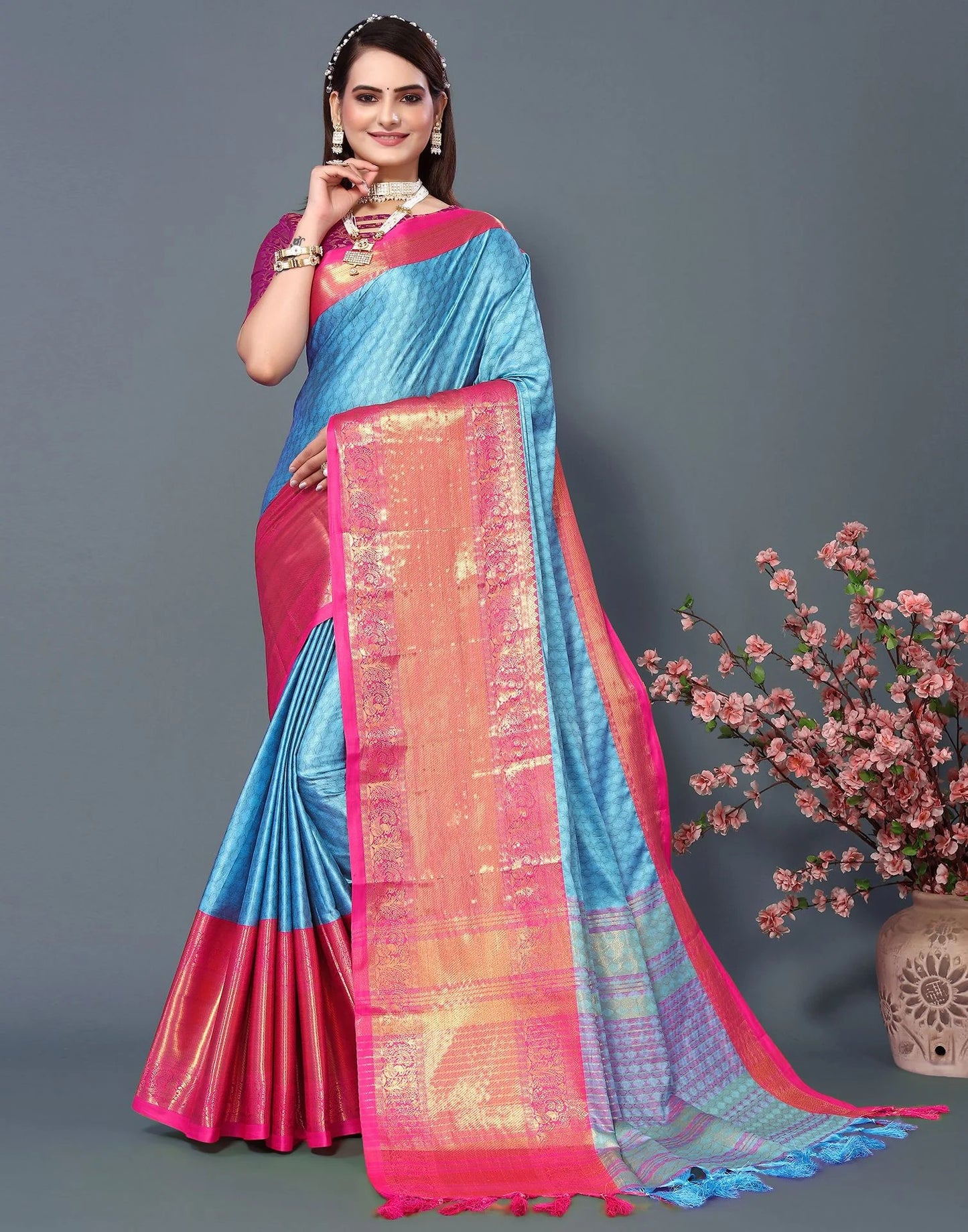 Sky Royale Silk Saree with Rani Pink Heritage Zari Border