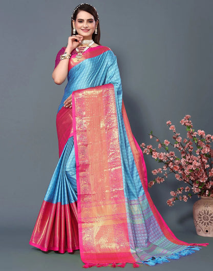 Sky Royale Silk Saree with Rani Pink Heritage Zari Border