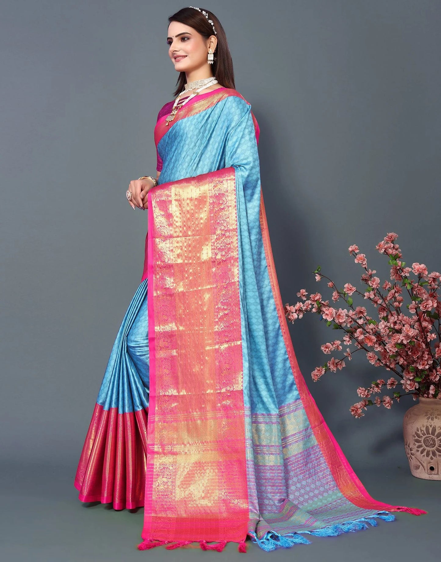Sky Royale Silk Saree with Rani Pink Heritage Zari Border