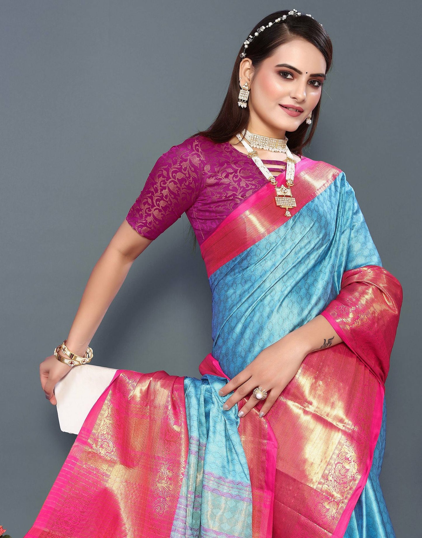 Sky Royale Silk Saree with Rani Pink Heritage Zari Border