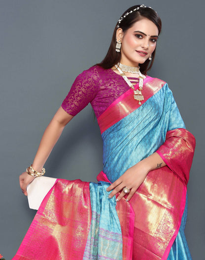 Sky Royale Silk Saree with Rani Pink Heritage Zari Border