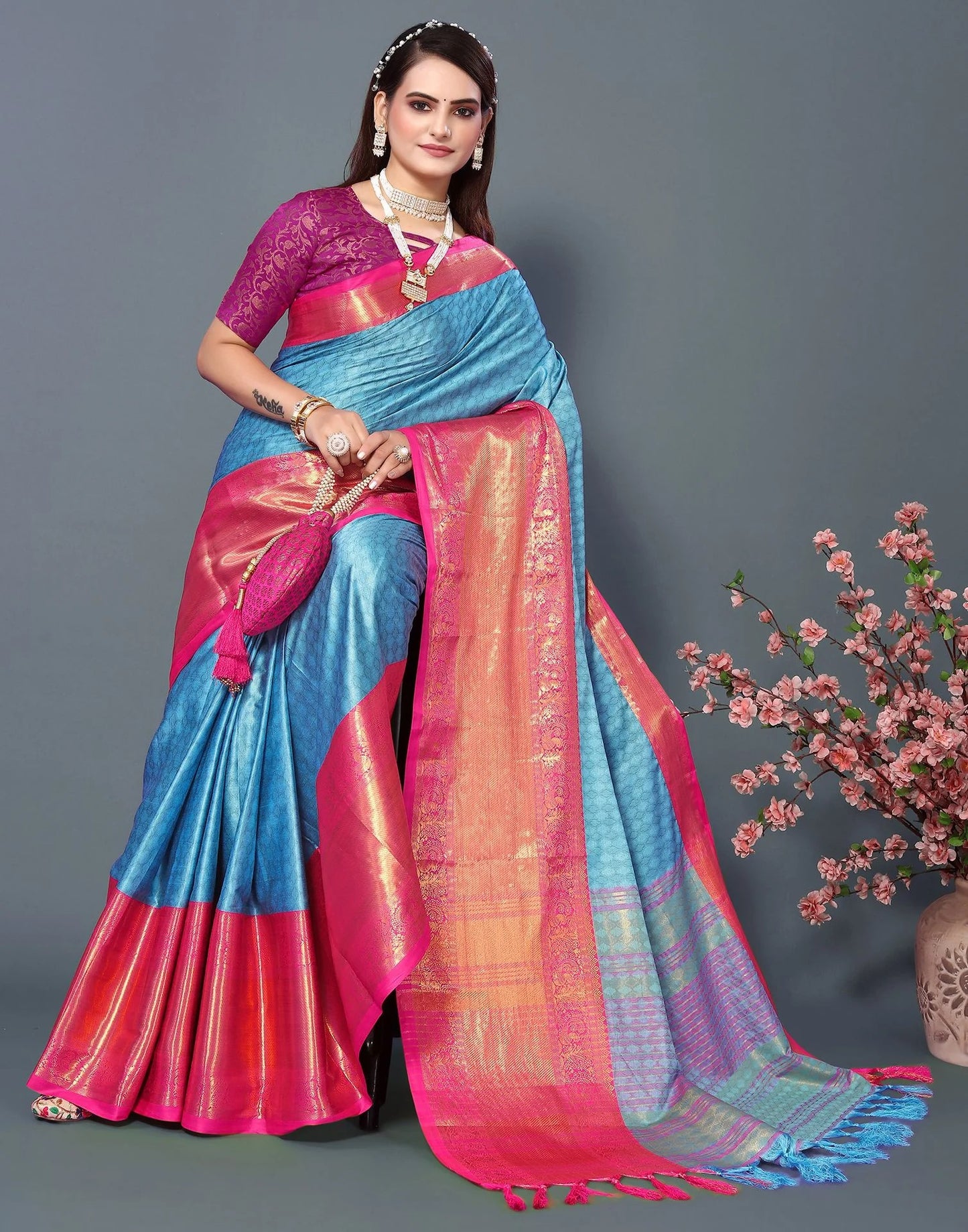 Sky Royale Silk Saree with Rani Pink Heritage Zari Border