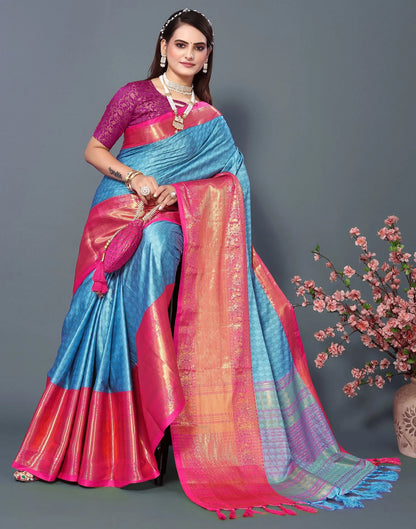 Sky Royale Silk Saree with Rani Pink Heritage Zari Border
