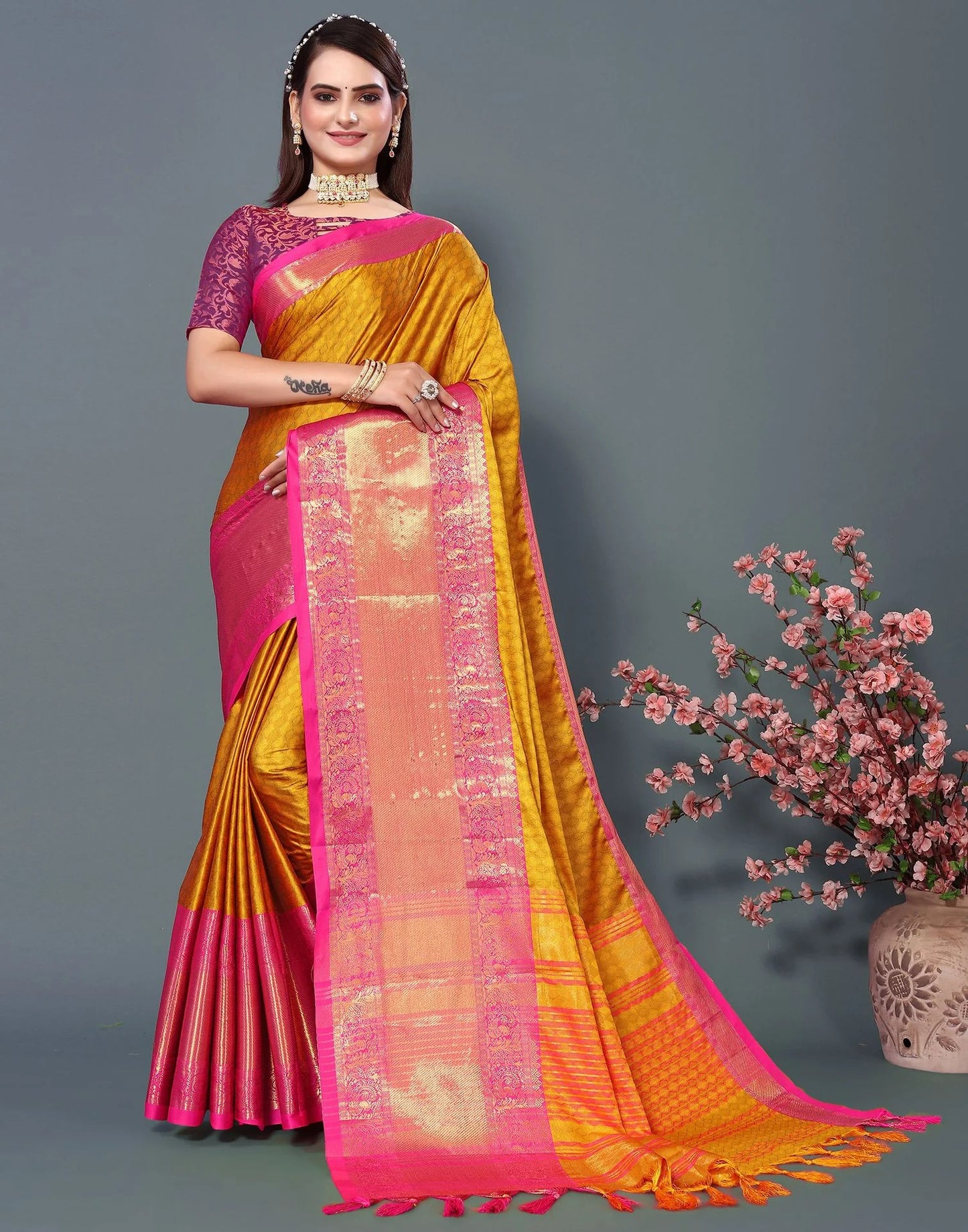Royal Sunbeam Silk Saree with Rani Pink Heritage Zari Border