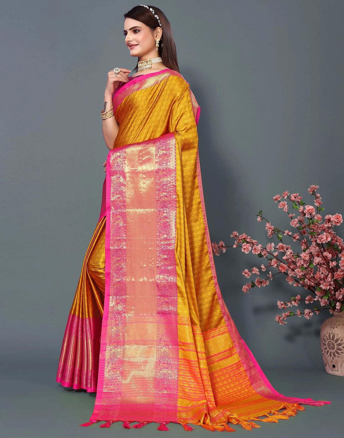 Royal Sunbeam Silk Saree with Rani Pink Heritage Zari Border