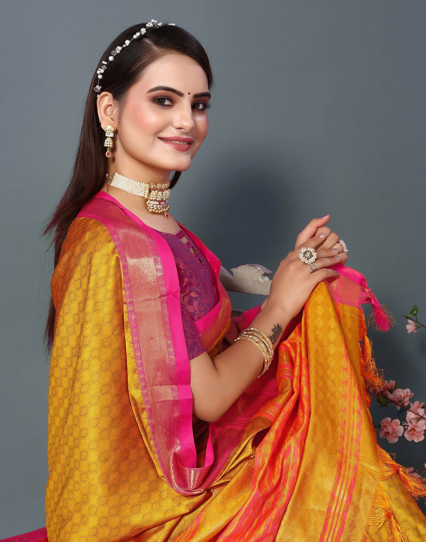 Royal Sunbeam Silk Saree with Rani Pink Heritage Zari Border