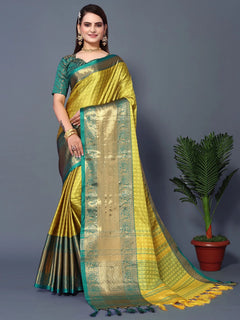 Lemon Royale Silk Saree with Rama Green Heritage Zari Border