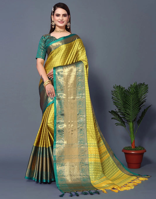 Lemon Royale Silk Saree with Rama Green Heritage Zari Border