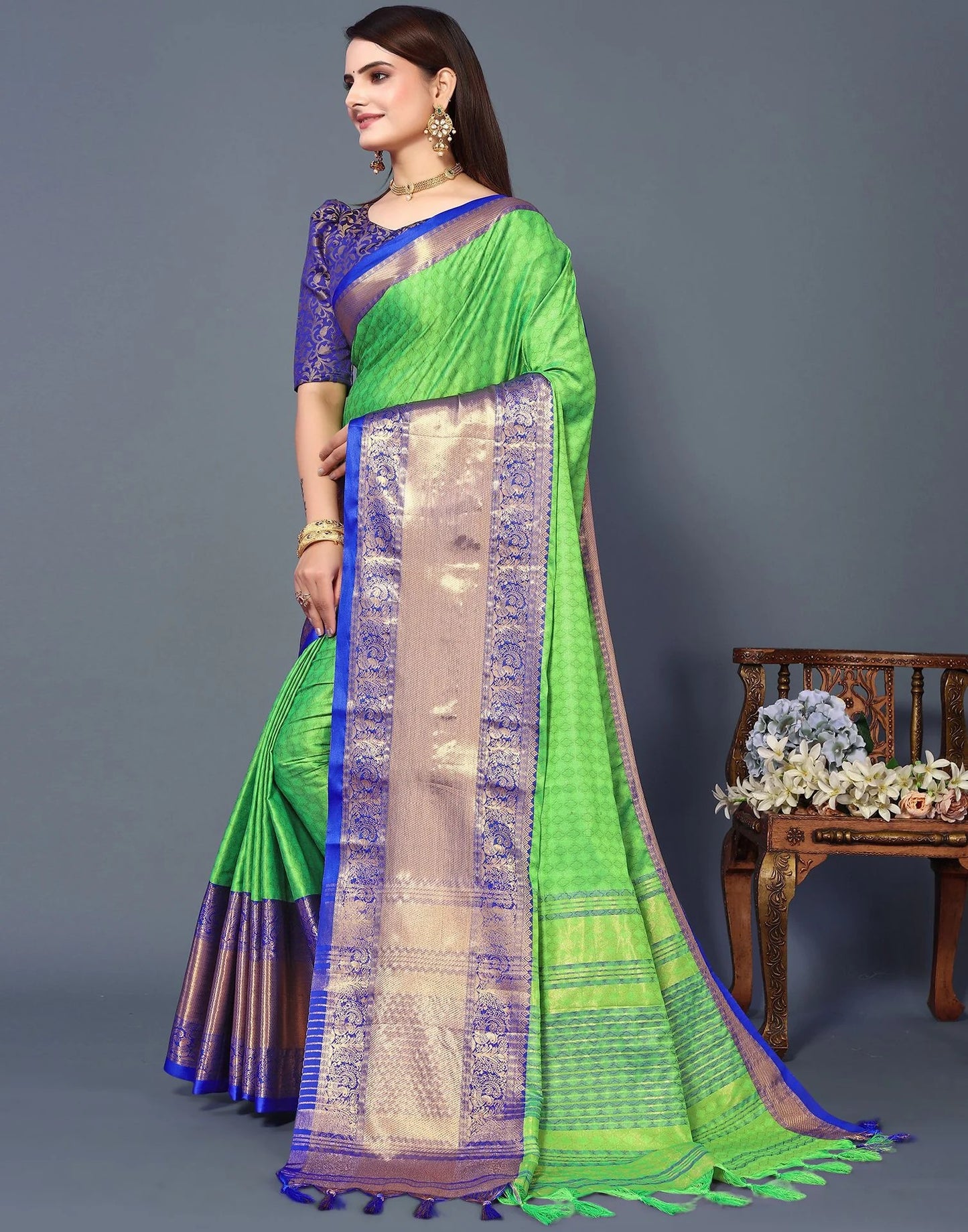 Emerald Royale Silk Saree with Royal Blue Heritage Zari Border