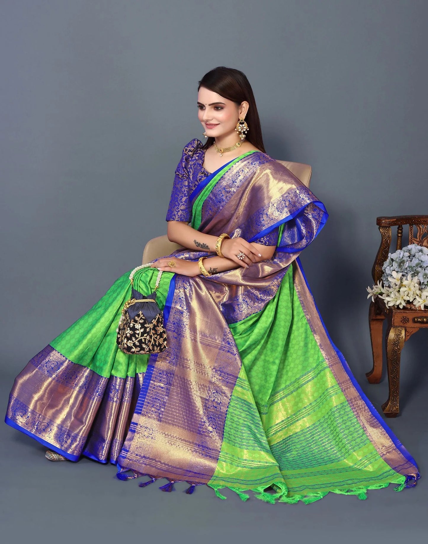 Emerald Royale Silk Saree with Royal Blue Heritage Zari Border