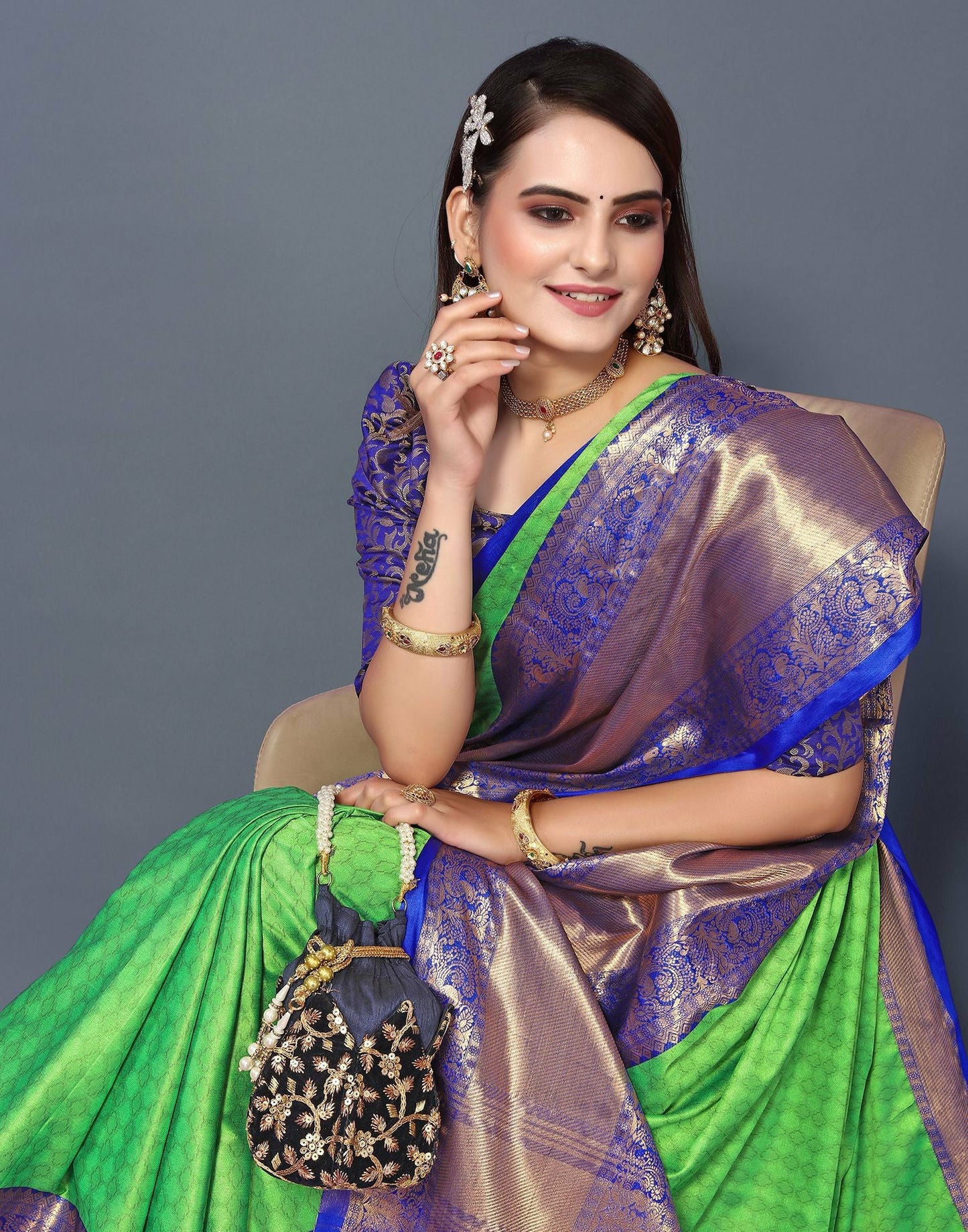 Emerald Royale Silk Saree with Royal Blue Heritage Zari Border