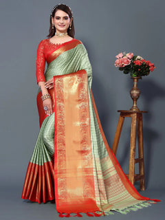 Pista Mist Silk Saree with Vermilion Red Heritage Zari Border