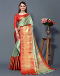 Pista Mist Silk Saree with Vermilion Red Heritage Zari Border