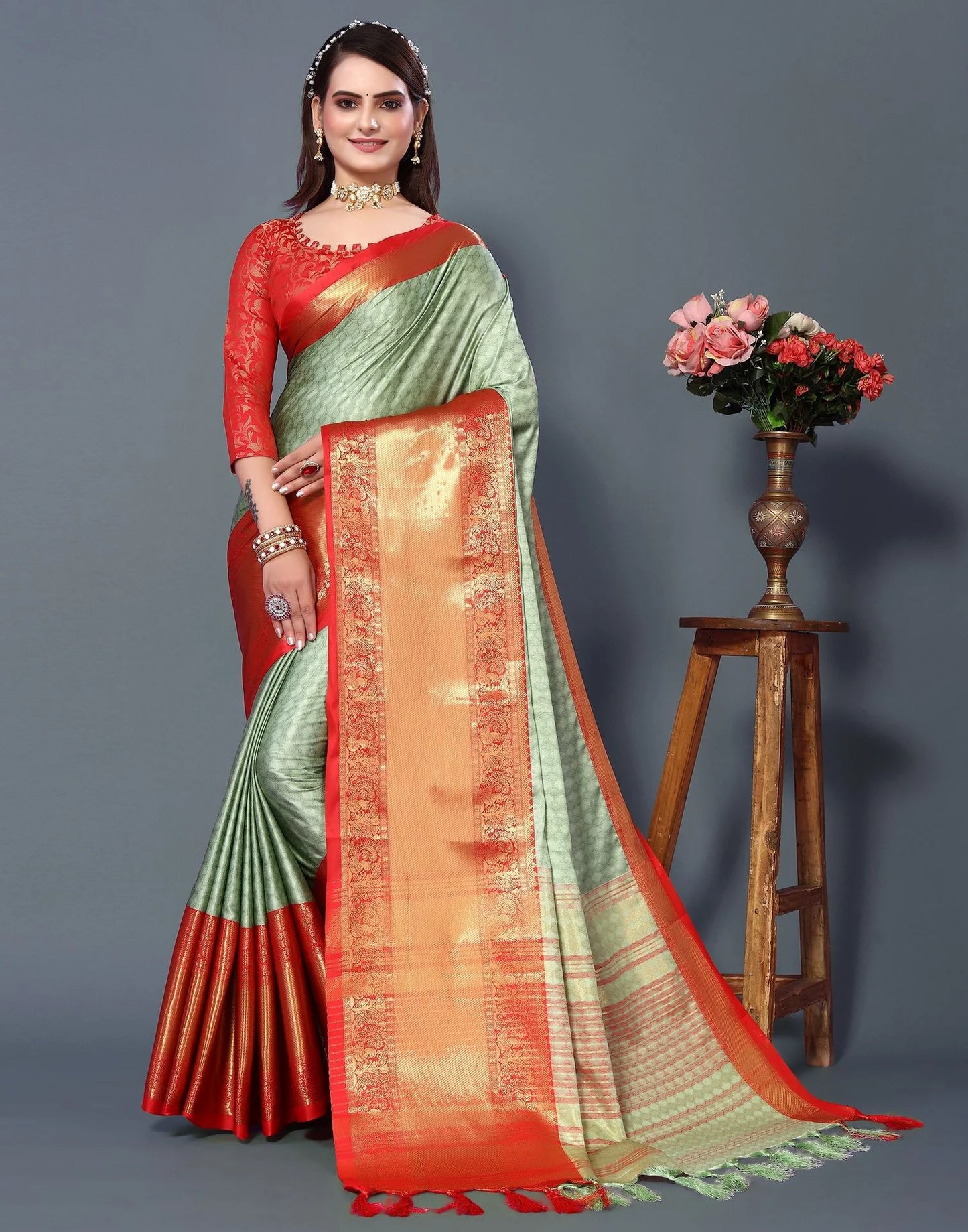 Pista Mist Silk Saree with Vermilion Red Heritage Zari Border