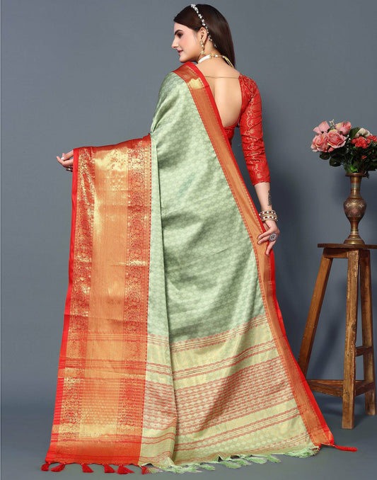 Pista Mist Silk Saree with Vermilion Red Heritage Zari Border