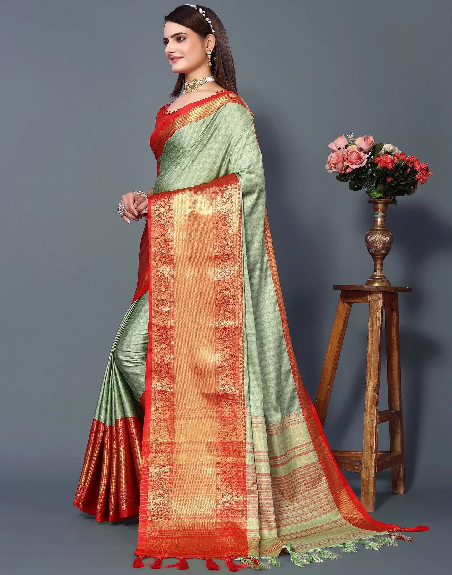 Pista Mist Silk Saree with Vermilion Red Heritage Zari Border