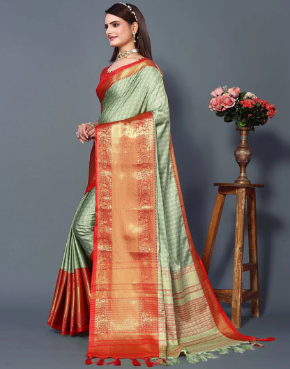 Pista Mist Silk Saree with Vermilion Red Heritage Zari Border