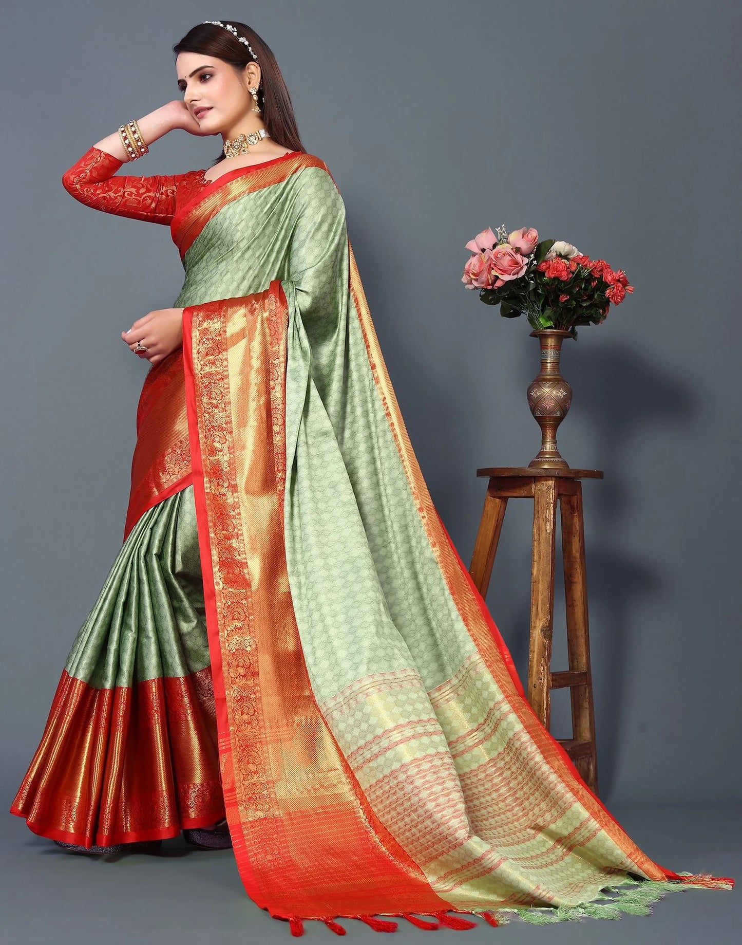 Pista Mist Silk Saree with Vermilion Red Heritage Zari Border