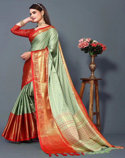 Pista Mist Silk Saree with Vermilion Red Heritage Zari Border
